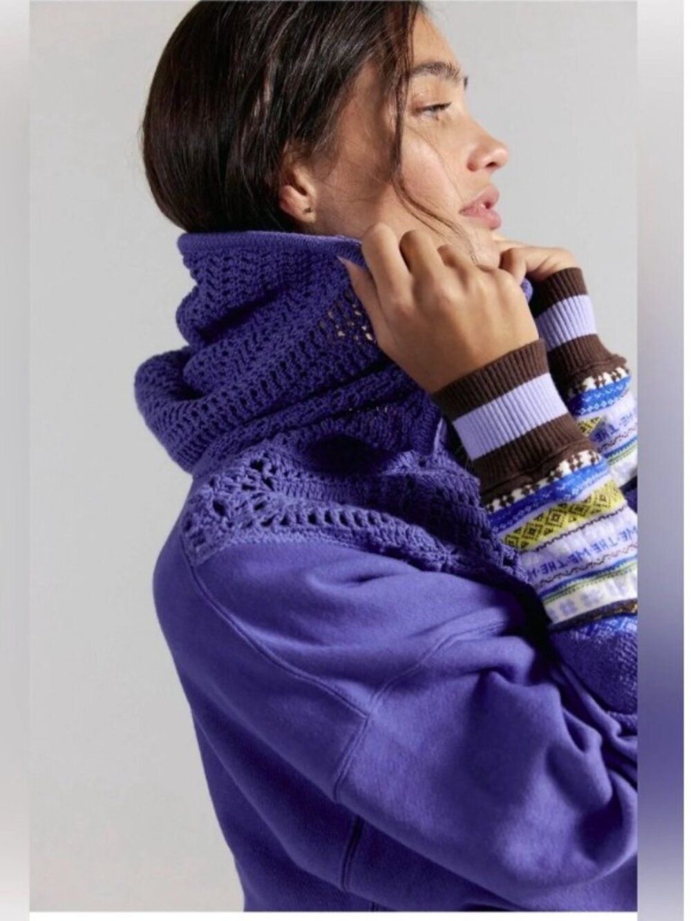 NWOT Free People Jocelyn Crochet Hoodie Sweatshirt Blue Purple XS Bohemian Beach - Picture 3 of 12
